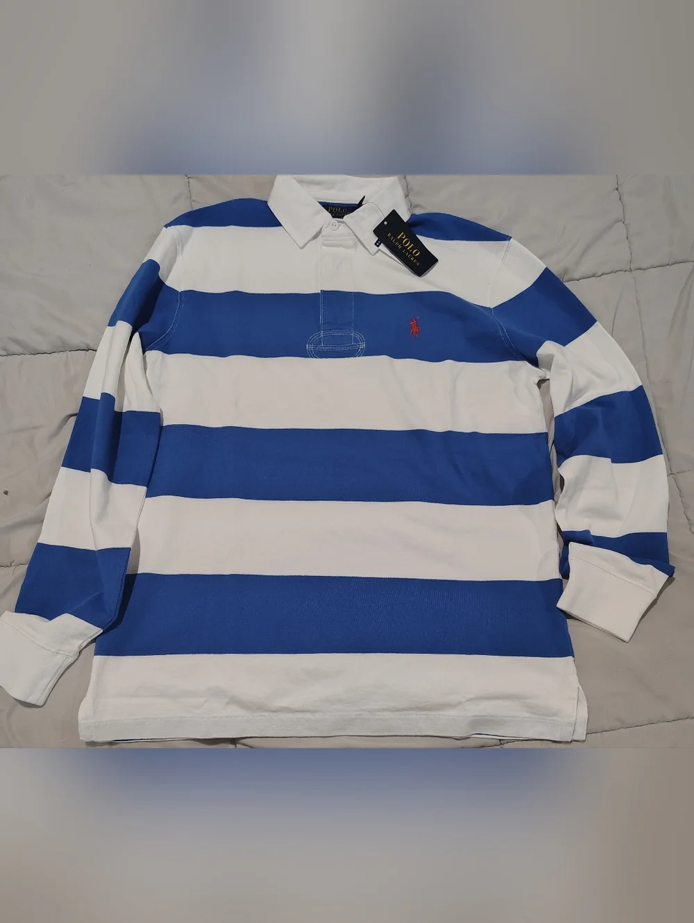 Ralph Lauren Men's Blue and White Striped Rugby Polo Size Medium NWT - Picture 1 of 5
